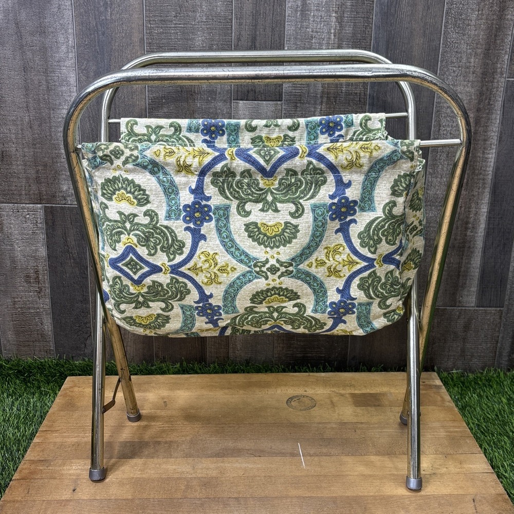 Vintage 1970s Yarn Caddy Knitting Sewing Basket Metal Frame Pattern Fabric Sling